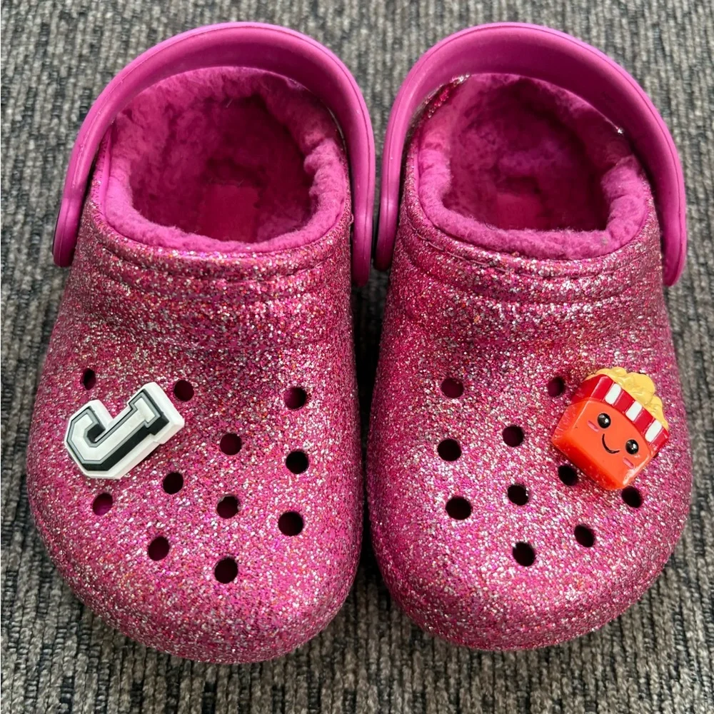 Crocs Classic Lined Glitter Clog Pink Sparkle Fuzzy Fuchsia Child's Size 6